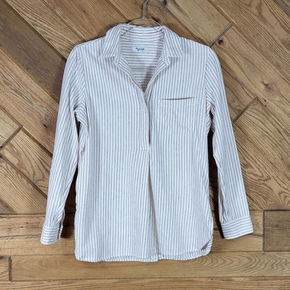 Madewell Womens Size XS Long Sleeve Flannel Blouse White Maroon Pinstripes